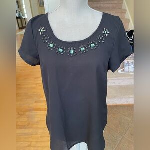 Bar III Black Blouse with Green & Black crystal Embellishments